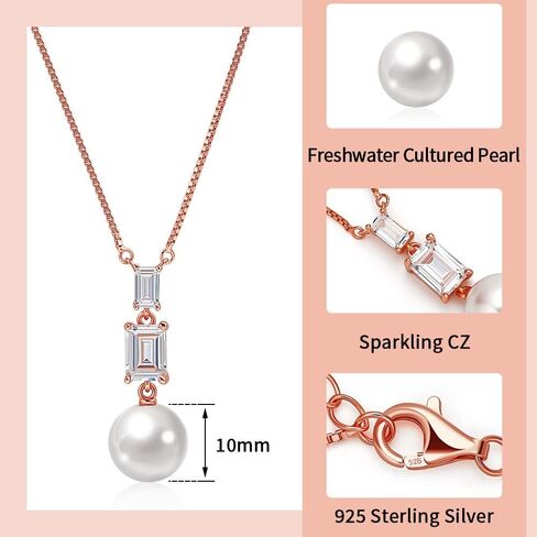 Pearl Pendant Necklace 9-10mm Pearls and Cubic Zirconia necklace with 16" Box Chain Plating 18K Gold Pearl Necklace for Women Real Pearl Necklaces in Kuwait
