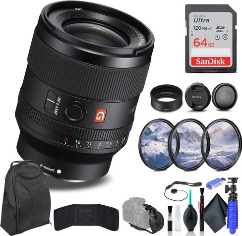 عدسة Sony FE مقاس 35 مم f/1.4 GM SEL35F14GM، طقم فلتر، حقيبة ظهر، بطاقة 64 جيجابايت، قارئ بطاقات، حامل ثلاثي مرن، محفظة بطاقة الذاكرة، حافظة للغطاء، طقم تنظيف، حزام يد، والمزيد in Saudi Arabia