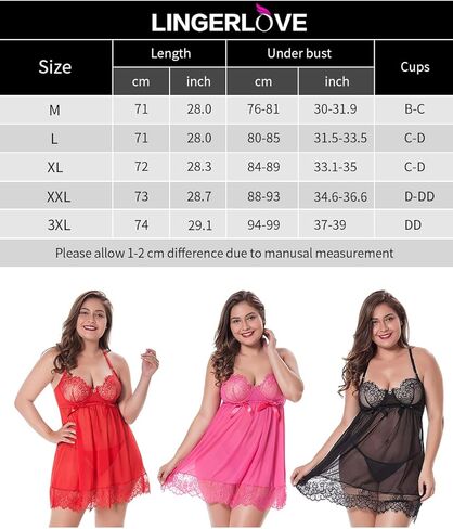 LINGERLOVE Plus Size Sexy Babydoll Lingerie for Women Lace Nightgown with Underwire in Saudi Arabia