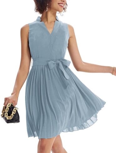 GRACE KARIN Women Elegant Pleated Swing Dress Solid Sleeveless V-Neck Work Dress Gray Blue in Saudi Arabia