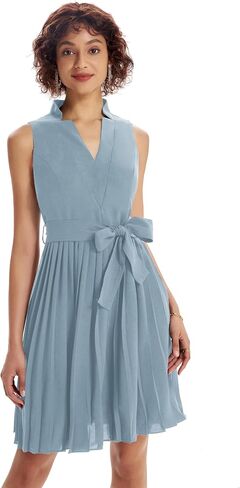GRACE KARIN Women Elegant Pleated Swing Dress Solid Sleeveless V-Neck Work Dress Gray Blue in Saudi Arabia