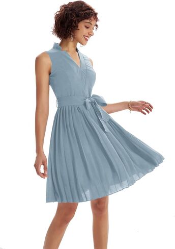GRACE KARIN Women Elegant Pleated Swing Dress Solid Sleeveless V-Neck Work Dress Gray Blue in Saudi Arabia