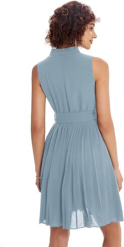 GRACE KARIN Women Elegant Pleated Swing Dress Solid Sleeveless V-Neck Work Dress Gray Blue in Saudi Arabia