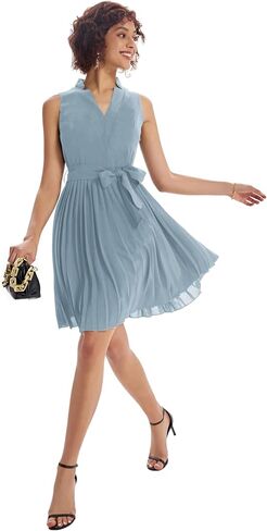 GRACE KARIN Women Elegant Pleated Swing Dress Solid Sleeveless V-Neck Work Dress Gray Blue in Saudi Arabia