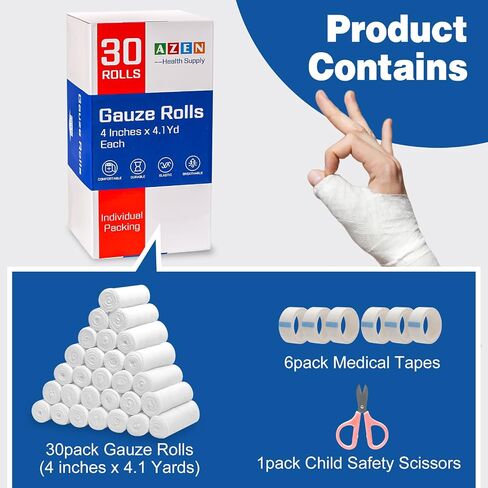AZEN 12 Pack Gauze Rolls Bandages, 4 in x 4.1 Yards, Premium Medical Supplies & First Aid Supplies, Bandage Wrap Vet Wrap, Mummy Wraps in Saudi Arabia