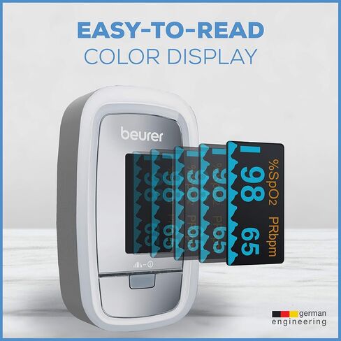 مقياس التأكسج نبض الإصبع PO30 من بيورير مع 4 تنسيقات عرض ملونة، وحبل قصير، وحقيبة تخزين واقية، وبطاريات - جهاز مراقبة تشبع الأكسجين في الدم مع معدل ضربات القلب، ومقياس الأكسجين لنبض الإصبع in Kuwait