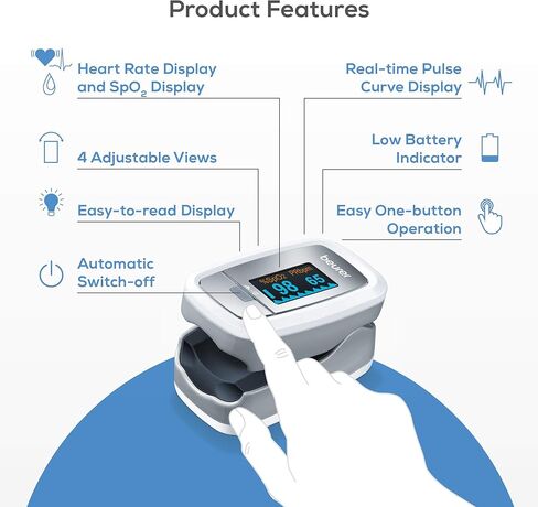 مقياس التأكسج نبض الإصبع PO30 من بيورير مع 4 تنسيقات عرض ملونة، وحبل قصير، وحقيبة تخزين واقية، وبطاريات - جهاز مراقبة تشبع الأكسجين في الدم مع معدل ضربات القلب، ومقياس الأكسجين لنبض الإصبع in Kuwait