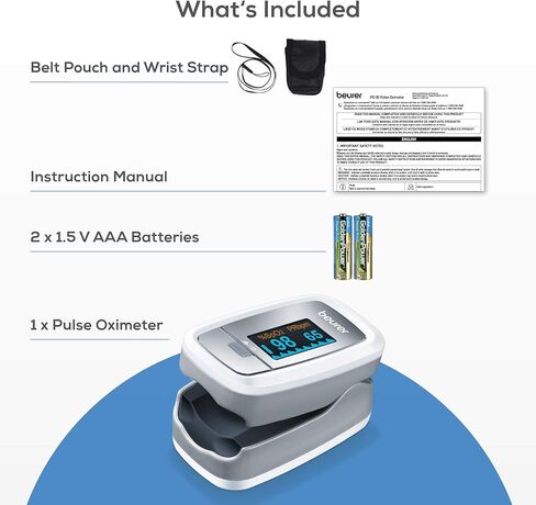 مقياس التأكسج نبض الإصبع PO30 من بيورير مع 4 تنسيقات عرض ملونة، وحبل قصير، وحقيبة تخزين واقية، وبطاريات - جهاز مراقبة تشبع الأكسجين في الدم مع معدل ضربات القلب، ومقياس الأكسجين لنبض الإصبع in Kuwait