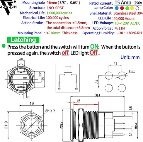 15Amp Push Button Switch 16mm 0.63" Latching Switche White Waterproof IP67 110/120V AC/DC 1NO SPST Ring Led Stainless Steel ON/Off with Wire Socket Start Switch in Saudi Arabia