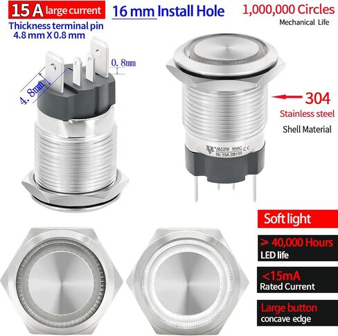 15Amp Push Button Switch 16mm 0.63" Latching Switche White Waterproof IP67 110/120V AC/DC 1NO SPST Ring Led Stainless Steel ON/Off with Wire Socket Start Switch in Saudi Arabia