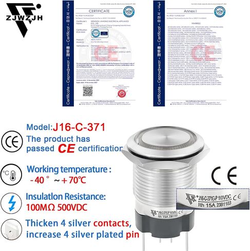 15Amp Push Button Switch 16mm 0.63" Latching Switche White Waterproof IP67 110/120V AC/DC 1NO SPST Ring Led Stainless Steel ON/Off with Wire Socket Start Switch in Saudi Arabia