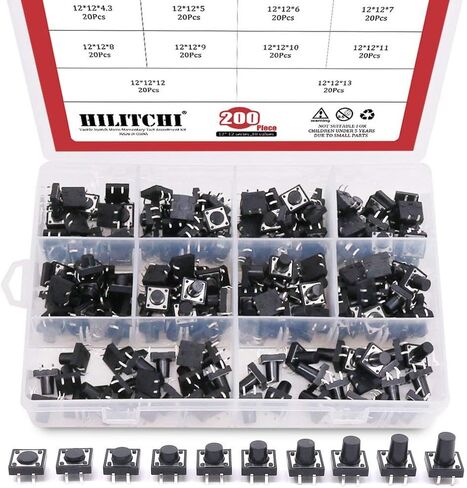 Hilitchi 200Pcs 10 Values 4 Pins 12 x 12mm Tactile Push Button Switch Micro Momentary Tact Assortment Kit in Saudi Arabia