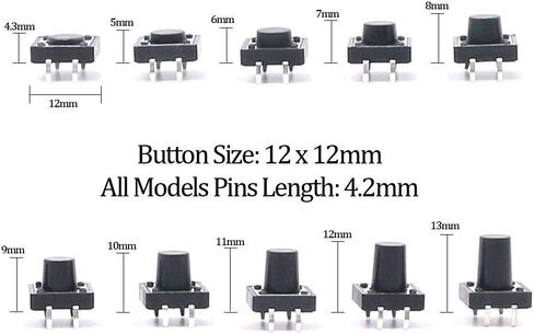 Hilitchi 200Pcs 10 Values 4 Pins 12 x 12mm Tactile Push Button Switch Micro Momentary Tact Assortment Kit in Saudi Arabia