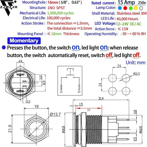 15Amp Push Button Switch 16mm 0.63" Latching Switche White Waterproof IP67 110/120V AC/DC 1NO SPST Ring Led Stainless Steel ON/Off with Wire Socket Start Switch in Saudi Arabia