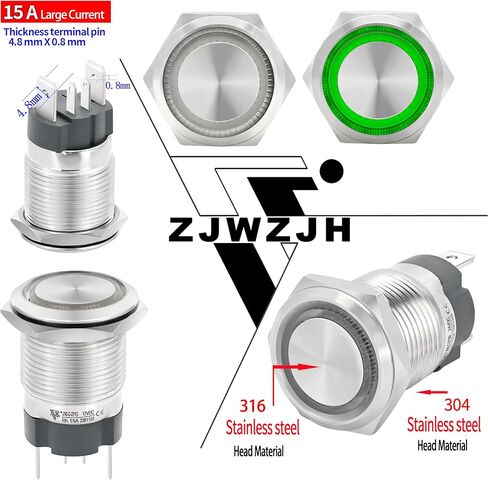 15Amp Push Button Switch 16mm 0.63" Latching Switche White Waterproof IP67 110/120V AC/DC 1NO SPST Ring Led Stainless Steel ON/Off with Wire Socket Start Switch in Saudi Arabia