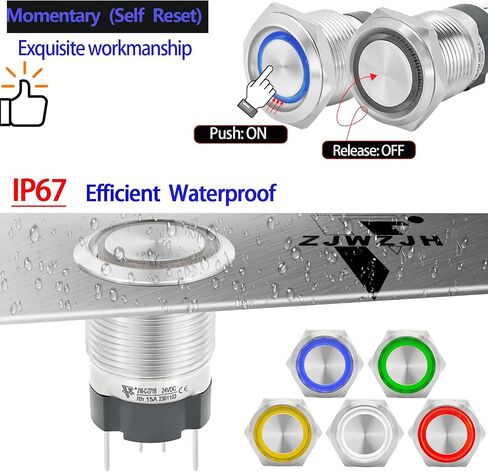 15Amp Push Button Switch 16mm 0.63" Latching Switche White Waterproof IP67 110/120V AC/DC 1NO SPST Ring Led Stainless Steel ON/Off with Wire Socket Start Switch in Saudi Arabia