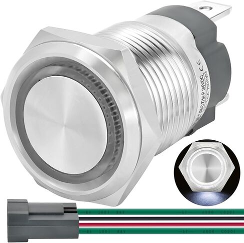 15Amp Push Button Switch 16mm 0.63" Latching Switche White Waterproof IP67 110/120V AC/DC 1NO SPST Ring Led Stainless Steel ON/Off with Wire Socket Start Switch in Saudi Arabia