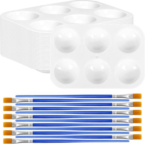 DLOnline 30 Sets White Plastic Watercolor Palette with Paint Brushes, 6 Well Rectangular Paint Palettes, Paint Tray Palettes, Paint Trays for Kids, for Painting, DIY Craft, Art Painting Class in Kuwait