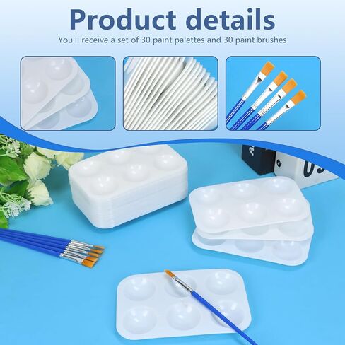 DLOnline 30 Sets White Plastic Watercolor Palette with Paint Brushes, 6 Well Rectangular Paint Palettes, Paint Tray Palettes, Paint Trays for Kids, for Painting, DIY Craft, Art Painting Class in Kuwait