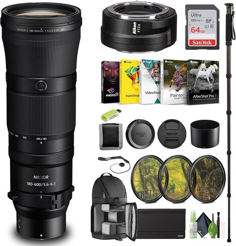 عدسة Nikon NIKKOR Z مقاس 180-600 مم وببؤرة f/5.6-6.3 VR (Nikon Z) (20117) + محول FTZ II + بطاقة ذاكرة سعة 64 جيجابايت + حقيبة ظهر + Monopod + قارئ بطاقات + برنامج Corel Photo + مجموعة مرشح + محفظة ذاكرة + المزيد in Saudi Arabia