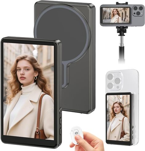 شاشة سيلفي مغناطيسية، شاشة مراقبة سيلفي iPhone مع جهاز تحكم عن بعد بلوتوث، انعكاس لاسلكي للكاميرا الخلفية TikTok Live No Delay Gray، متوافقة مع iPhone وAndroid in Saudi Arabia