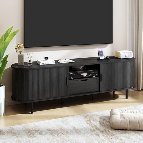 حامل تلفزيون 69 بوصة مع مخرج طاقة لأجهزة التلفاز حتى 80 بوصة، مركز ترفيه مع 2 تخزين و1 درج، حامل تلفزيون مخدد مع أرفف قابلة للتعديل وأبواب منزلقة لغرفة المعيشة، خشب الجوز in Kuwait