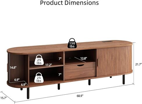 69" TV Stand with Power Outlet for TVs up to 80", Entertainment Center with 2 Storage & 1 Drawer, Fluted TV Stand with Adjustable Shelves & Sliding Doors for Living Room, Walnut in Saudi Arabia