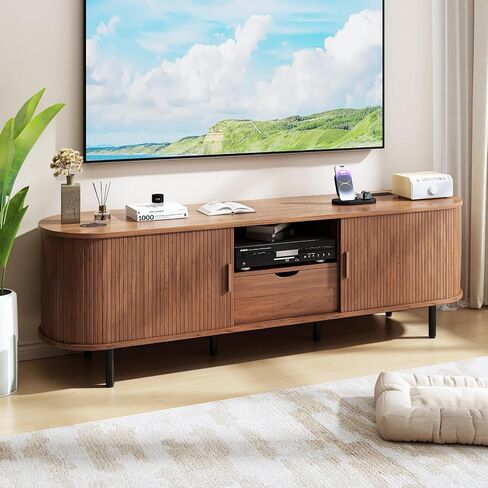 69" TV Stand with Power Outlet for TVs up to 80", Entertainment Center with 2 Storage & 1 Drawer, Fluted TV Stand with Adjustable Shelves & Sliding Doors for Living Room, Walnut in Saudi Arabia