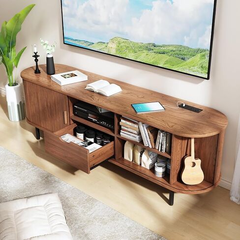 69" TV Stand with Power Outlet for TVs up to 80", Entertainment Center with 2 Storage & 1 Drawer, Fluted TV Stand with Adjustable Shelves & Sliding Doors for Living Room, Walnut in Saudi Arabia
