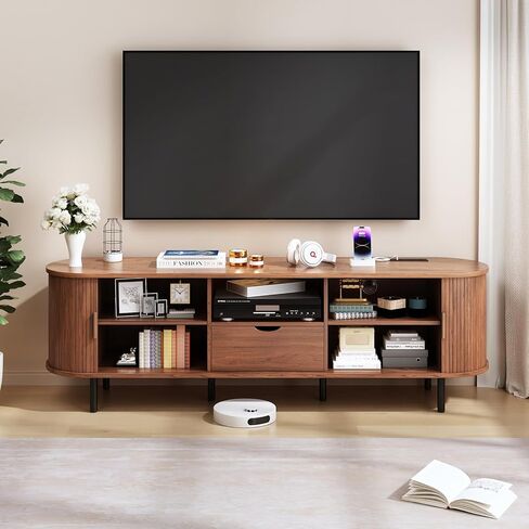 69" TV Stand with Power Outlet for TVs up to 80", Entertainment Center with 2 Storage & 1 Drawer, Fluted TV Stand with Adjustable Shelves & Sliding Doors for Living Room, Walnut in Saudi Arabia