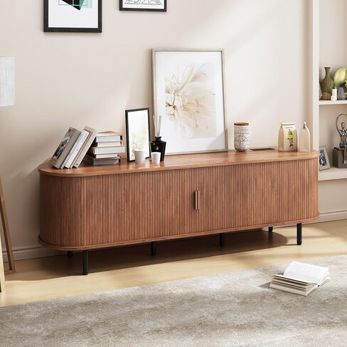 69" TV Stand with Power Outlet for TVs up to 80", Entertainment Center with 2 Storage & 1 Drawer, Fluted TV Stand with Adjustable Shelves & Sliding Doors for Living Room, Walnut in Saudi Arabia
