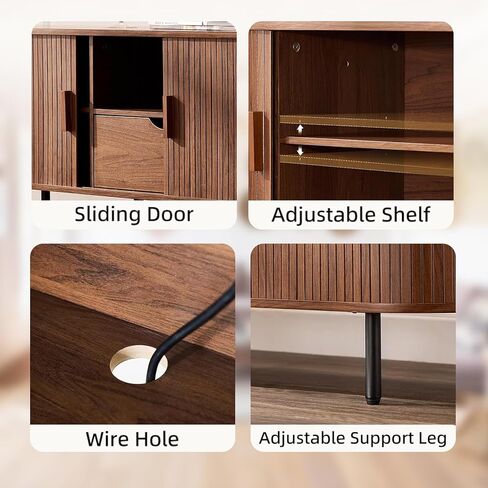 69" TV Stand with Power Outlet for TVs up to 80", Entertainment Center with 2 Storage & 1 Drawer, Fluted TV Stand with Adjustable Shelves & Sliding Doors for Living Room, Walnut in Saudi Arabia
