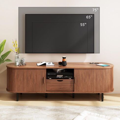 69" TV Stand with Power Outlet for TVs up to 80", Entertainment Center with 2 Storage & 1 Drawer, Fluted TV Stand with Adjustable Shelves & Sliding Doors for Living Room, Walnut in Saudi Arabia