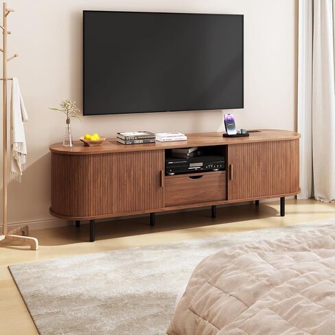 69" TV Stand with Power Outlet for TVs up to 80", Entertainment Center with 2 Storage & 1 Drawer, Fluted TV Stand with Adjustable Shelves & Sliding Doors for Living Room, Walnut in Saudi Arabia