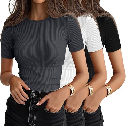 Ficerd 3 Pack Thirts مضلعة للسيدات ، والقطن القصير الأكمام الأساسية Tees Crewneck قمم القمصان غير الرسمية 2025 الصيف العصرية in Saudi Arabia