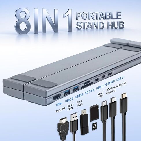 حامل محطة إرساء الكمبيوتر المحمول 8 في 1 USB C، محور USB C مع HDMI 4K، 2 USB 3.0، PD 100W، حامل تبريد كمبيوتر متعدد المنافذ، محطة إرساء محمولة لأجهزة MacBook/Air/Dell/Hp/Surface/Lenovo in Kuwait