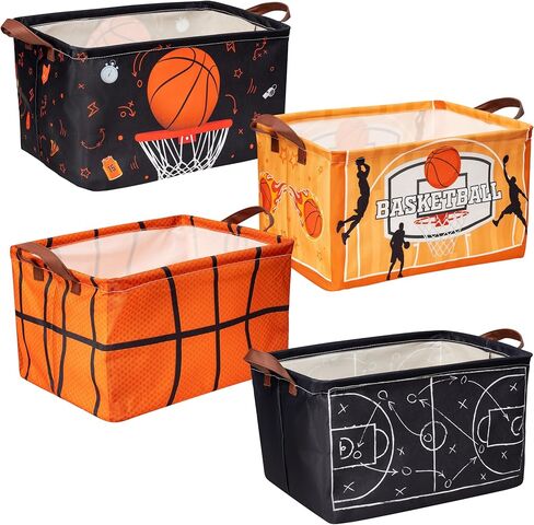 سلة تخزين كرة السلة - 4 قطع باللون الأسود والبرتقالي الكبير من القماش، صناديق تخزين الألعاب مع مقبض مقاوم للماء، سلة قابلة للطي، حاوية قماش لغرف نوم الأطفال والأولاد، المنزل in Kuwait