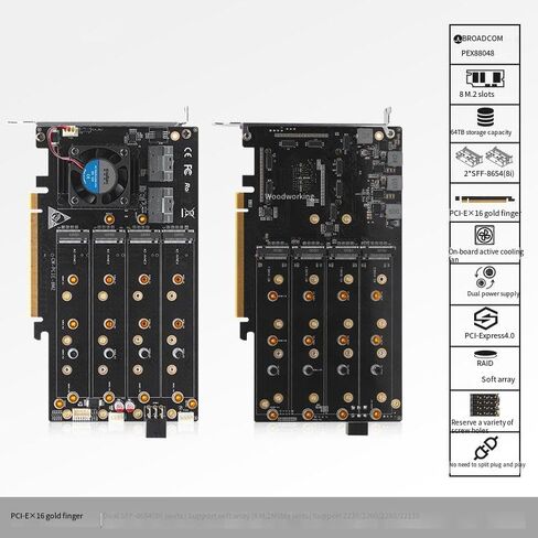 بطاقة مصفوفة من Broadcom PEX88048/8 PCIe 4.0 x16 M.2 NVMe مع مروحة كروية تبريد 4010/2*SFF-8654(8i)/دعم المصفوفة الناعمة/2230 2260 2280 22110 M.2NVMe /مصدر طاقة مزدوج in Saudi Arabia