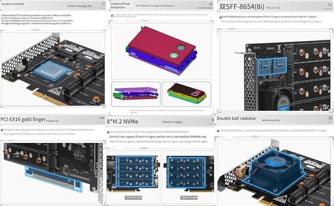 بطاقة مصفوفة من Broadcom PEX88048/8 PCIe 4.0 x16 M.2 NVMe مع مروحة كروية تبريد 4010/2*SFF-8654(8i)/دعم المصفوفة الناعمة/2230 2260 2280 22110 M.2NVMe /مصدر طاقة مزدوج in Saudi Arabia