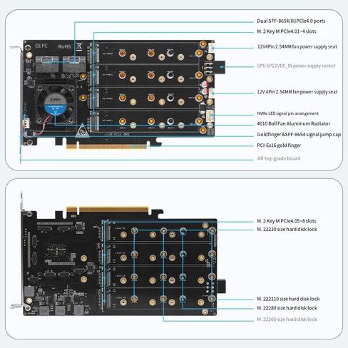 بطاقة مصفوفة من Broadcom PEX88048/8 PCIe 4.0 x16 M.2 NVMe مع مروحة كروية تبريد 4010/2*SFF-8654(8i)/دعم المصفوفة الناعمة/2230 2260 2280 22110 M.2NVMe /مصدر طاقة مزدوج in Saudi Arabia