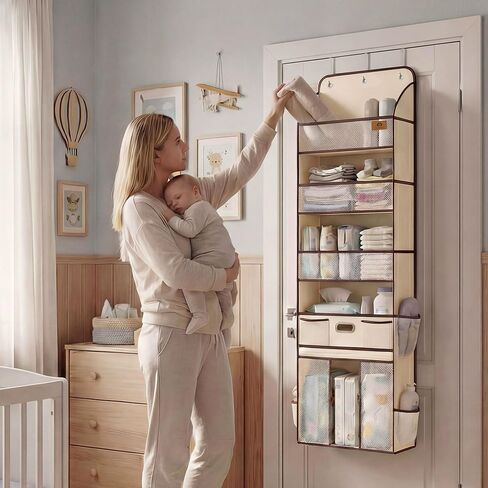 منظم فوق الباب مع مساحة تخزين كبيرة للحفاضات ونافذة شبكية، لأساسيات الأطفال وغرف الأطفال، مساحة تخزين معلقة بوزن 55 رطلًا للخزانة والحمام وغرفة النوم والنوم - 12 جيبًا in Kuwait