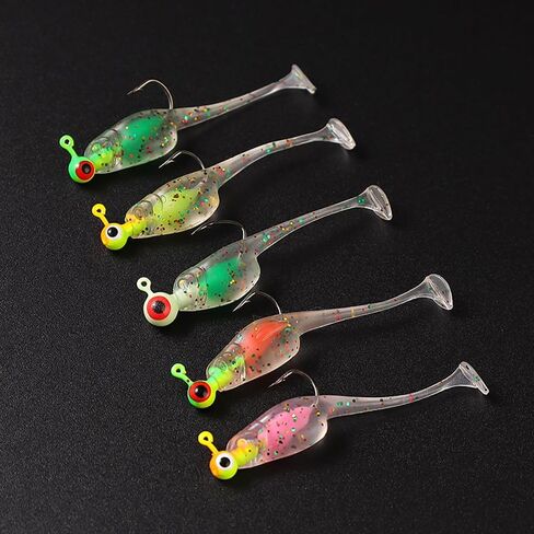 37pcs Mini Transparent Fishing Baits with Colorful Round Lead Hooks - 5cm T-Tail Soft Wobbler Lures for Freshwater & Saltwater, Bionic Maggot Bait Set in Saudi Arabia