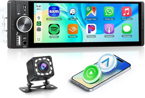 Single DIN Wireless Car Stereo with Wireless CarPlay & Android Auto, 6.9" in-Cell IPS Touchscreen, Bluetooth 5.2 Hands-Free, FM Radio, Steering Wheel Control, Backup Camera Included in Saudi Arabia