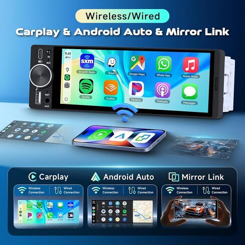 Single DIN Wireless Car Stereo with Wireless CarPlay & Android Auto, 6.9" in-Cell IPS Touchscreen, Bluetooth 5.2 Hands-Free, FM Radio, Steering Wheel Control, Backup Camera Included in Saudi Arabia