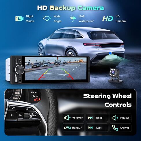 Single DIN Wireless Car Stereo with Wireless CarPlay & Android Auto, 6.9" in-Cell IPS Touchscreen, Bluetooth 5.2 Hands-Free, FM Radio, Steering Wheel Control, Backup Camera Included in Saudi Arabia