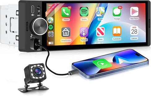 Single DIN Wireless Car Stereo with Wireless CarPlay & Android Auto, 6.9" in-Cell IPS Touchscreen, Bluetooth 5.2 Hands-Free, FM Radio, Steering Wheel Control, Backup Camera Included in Saudi Arabia