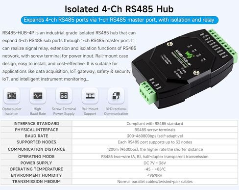 محور RS485 4-CH معزول من الدرجة الصناعية، يوسع المنافذ الفرعية 4-CH RS485 عبر المنفذ الرئيسي 1-CH RS485، مع العزل ومرحل الإشارة، نطاق معدل الباود الواسع، للحصول على البيانات، بوابة إنترنت الأشياء، إلخ. in Kuwait
