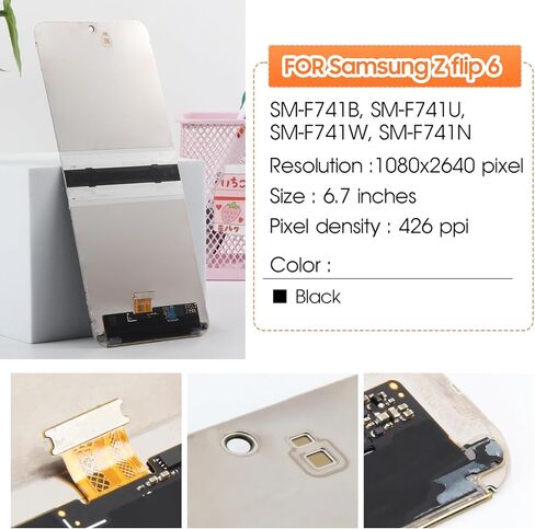 شاشة بديلة لشاشة Samsung Galaxy Z Flip 6 5G لشاشة Samsung Z Flip 6 LCD SM-F741B، SM-F741U، SM-F741W أجزاء إصلاح مجموعة التحويل الرقمي التي تعمل باللمس (أسود بدون إطار) in Saudi Arabia