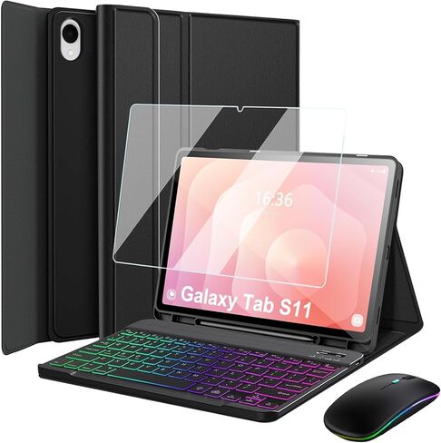 Keyboard Case for Samsung Galaxy Tab S11 2025 11 Inch 5G SM-X736B/ WIFI SM-X730, LED Bluetooth Mouse, 7-Color Rainbow Backlight Detachable Wireless Keyboard Cover with Screen Protector (Black) in Saudi Arabia