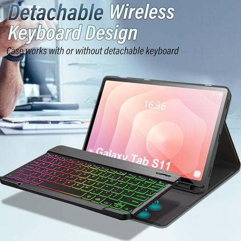 Keyboard Case for Samsung Galaxy Tab S11 2025 11 Inch 5G SM-X736B/ WIFI SM-X730, LED Bluetooth Mouse, 7-Color Rainbow Backlight Detachable Wireless Keyboard Cover with Screen Protector (Black) in Saudi Arabia